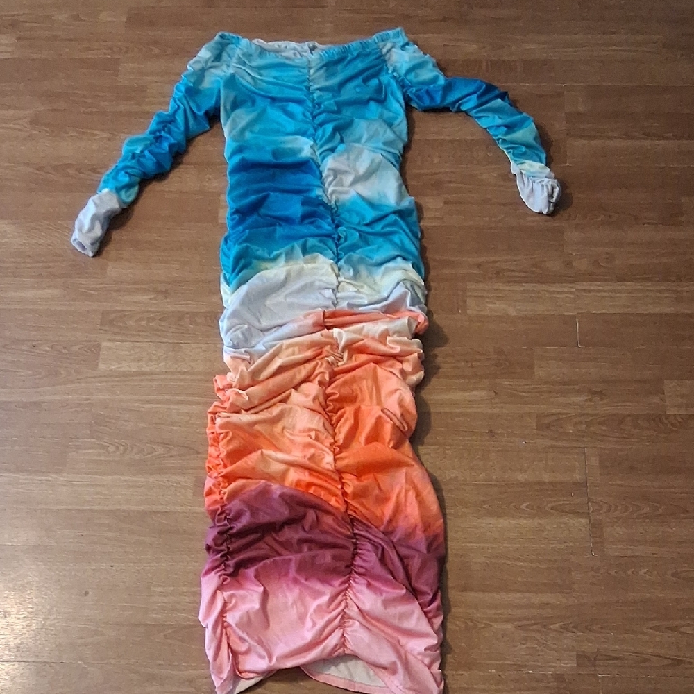 Ombre Rainbow Off-Shoulder Ruched Maxi Dress XL